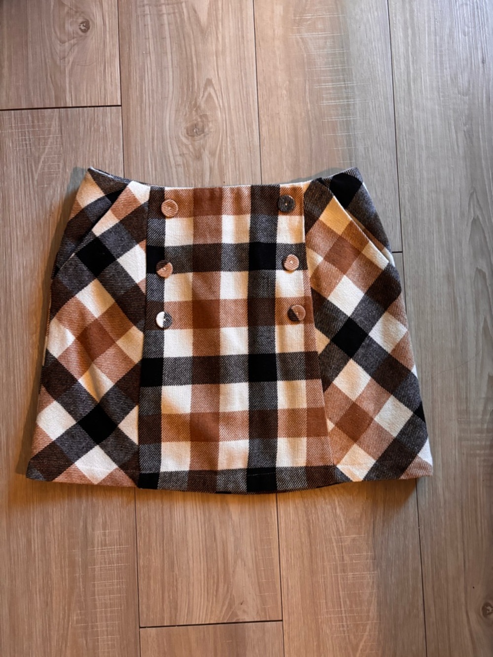 Forever 21 Brown Black and Cream Plaid Button Mini Skirt